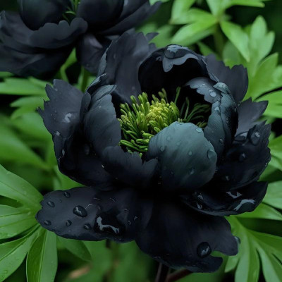 bujor arbustiv cu floare mare, dubla de culoare neagra cu mijloc verde, inflorit la maturitate